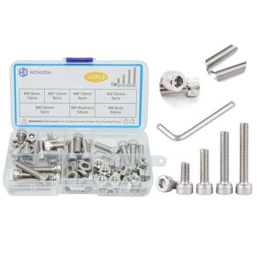 WZHUIDA 102 Stück M6 Schrauben Set, Zylinderschrauben mit Muttern und Unterlegscheiben Sortiment Kit, Edelstahl Innensechskant Schrauben Set, Sechskopfschrauben Muttern mit Schraubenschlüssel von WZHUIDA