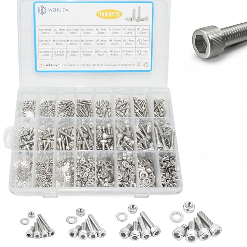WZHUIDA 1080 Stück M2 M3 M4 M5 Innensechskant Schrauben und Muttern und Unterlegscheiben Sortiment, Edelstahl Zylinderschrauben mit Muttern Sortiment Kit mit 4 Schraubenschlüsseln WZHUIDA 1080 Stück M2 M3 M4 M5 Innensechskant Schrauben und Muttern und Unterlegscheiben Sortiment, Edelstahl Zylinderschrauben mit Muttern Sortiment Kit mit 4 Schraubenschlüsseln von WZHUIDA