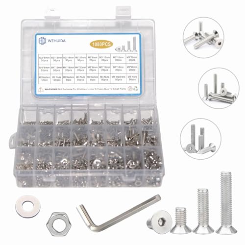 WZHUIDA 1080 Stück M2 M3 M4 M5 Schrauben Muttern und Unterlegscheiben Sortiment Set, Edelstahl Senkkopfschrauben mit Innensechskant Schrauben Muttern Set mit 4 Schraubenschlüsseln WZHUIDA 1080 Stück M2 M3 M4 M5 Schrauben Muttern und Unterlegscheiben Sortiment Set, Edelstahl Senkkopfschrauben mit Innensechskant Schrauben Muttern Set mit 4 Schraubenschlüsseln von WZHUIDA