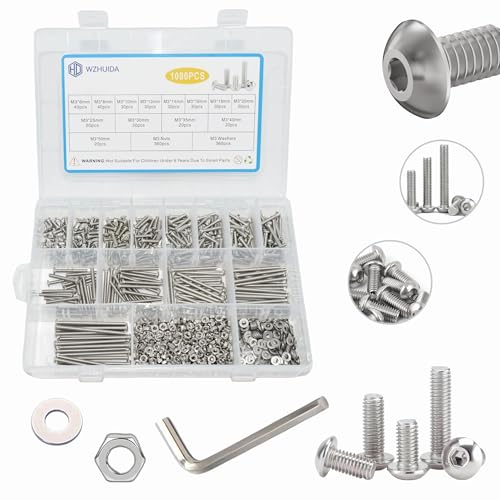 WZHUIDA 1080 Stück M3 Schrauben Muttern und Unterlegscheiben Sortiment Set, 6mm-50mm, Edelstahl Linsenkopfschrauben mit Innensechskant Schrauben Muttern Set mit Schraubenschlüsseln von WZHUIDA