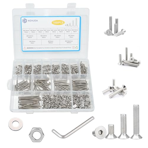 WZHUIDA 1080 Stück M3 Schrauben Muttern und Unterlegscheiben Sortiment Set, 6mm-50mm, Edelstahl Senkkopfschrauben mit Innensechskant Schrauben Muttern Set mit Schraubenschlüsseln von WZHUIDA