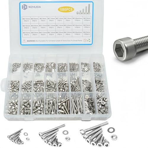 WZHUIDA 1080 Stück M2 M3 M4 Schrauben Set, Edelstahl Zylinderschrauben mit Innensechskant Gewindeschrauben Muttern und Unterlegscheiben Set mit 3 Schraubenschlüsseln von WZHUIDA