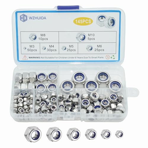 WZHUIDA 145 Stück Selbstsichernde Muttern Sortiment Set, A2-70 Edelstahl Sicherungsmuttern Set Kontermuttern, Nylon selbstsichernd Sechskant Schraubenmuttern M3 M4 M5 M6 M8 M10 DIN985 Stopmuttern WZHUIDA 145 Stück Selbstsichernde Muttern Sortiment Set, A2-70 Edelstahl Sicherungsmuttern Set Kontermuttern, Nylon selbstsichernd Sechskant Schraubenmuttern M3 M4 M5 M6 M8 M10 DIN985 Stopmuttern von WZHUIDA