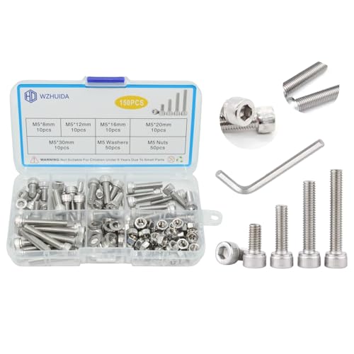 WZHUIDA 150 Stück M5 Schrauben Set, Zylinderschrauben mit Muttern und Unterlegscheiben Sortiment Kit, Edelstahl Innensechskant Schrauben Set, Sechskopfschrauben Muttern mit Schraubenschlüssel von WZHUIDA