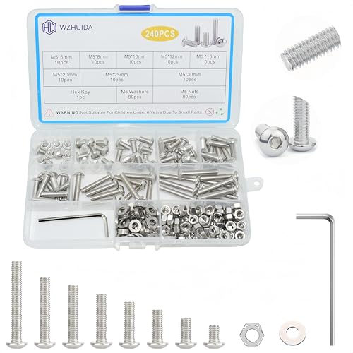 WZHUIDA 240 Stück M5 Schrauben Set, Edelstahl Linsenkopf Metrisch Innensechskant Muttern und Unterlegscheiben Sortiment, Gewindemaschinen Sechskantschrauben von WZHUIDA