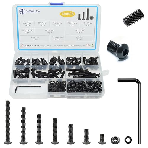 WZHUIDA 240 Stück M5 Schrauben Set, Schwarz Metrisch Linsenkopfschrauben Innensechskant Schrauben Muttern und Unterlegscheiben Sortiment Set, Gewindemaschinen Sechskantschrauben von WZHUIDA