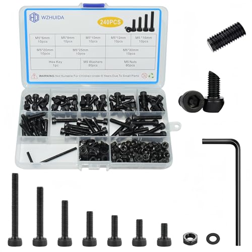 WZHUIDA 240 Stück M5 Schrauben Set, Schwarz Metrisch Zylinderkopfschrauben Innensechskant Schrauben Muttern und Unterlegscheiben Sortiment Set, Gewindemaschinen Sechskantschrauben von WZHUIDA