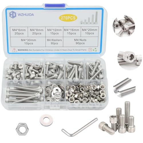 WZHUIDA 270 Stück M4 Schrauben Set, Zylinderschrauben mit Muttern und Unterlegscheiben Sortiment Kit, Edelstahl Innensechskant Schrauben Set, Sechskopfschrauben Muttern mit Schraubenschlüssel von WZHUIDA