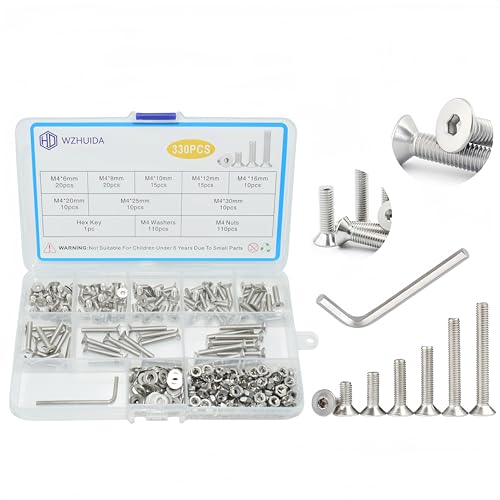 WZHUIDA 330 Stück M4 Schrauben Set, Edelstahl Senkkopfschrauben Metrisch Innensechskant Schrauben Muttern und Unterlegscheiben Sortiment Set, Gewindemaschinen Sechskantschrauben von WZHUIDA