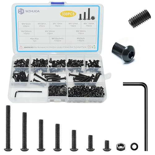 WZHUIDA 330 Stück M4 Schrauben Set, Schwarz Metrisch Linsenkopfschrauben Innensechskant Schrauben Muttern und Unterlegscheiben Sortiment Set, Gewindemaschinen Sechskantschrauben von WZHUIDA