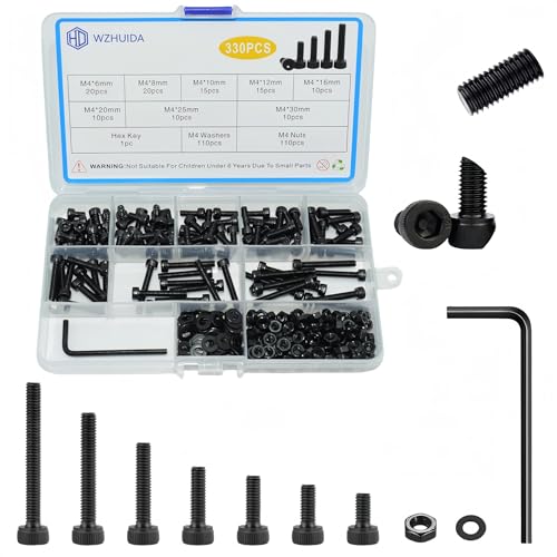WZHUIDA 330 Stück M4 Schrauben Set, Schwarz Metrisch Zylinderkopfschrauben Innensechskant Schrauben Muttern und Unterlegscheiben Sortiment Set, Gewindemaschinen Sechskantschrauben von WZHUIDA