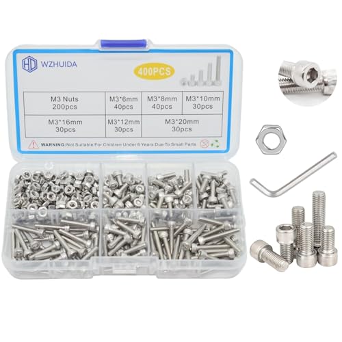 WZHUIDA 400 Stück M3 Schrauben Set, Zylinderschrauben mit Muttern Sortiment Kit, Edelstahl Innensechskant Zylinderkopf Schrauben Set, Sechskopf Gewindeschrauben Muttern mit Schraubenschlüssel von WZHUIDA