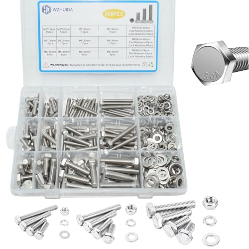 WZHUIDA 456 Stück M5 M6 M8 Sechskantschrauben und Muttern Set, Edelstahl Sechskant Schrauben Muttern und Unterlegscheiben Sortiment Kit, Maschinenschrauben mit Vollgewinde WZHUIDA 456 Stück M5 M6 M8 Sechskantschrauben und Muttern Set, Edelstahl Sechskant Schrauben Muttern und Unterlegscheiben Sortiment Kit, Maschinenschrauben mit Vollgewinde von WZHUIDA
