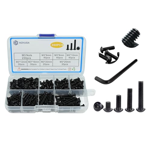 WZHUIDA 460 Stück M3 Schrauben Set, Linsenkopfschrauben mit Muttern Sortiment Kit, Schwarz Innensechskant Linsenkopf Schrauben Set, Sechskopfschrauben Muttern mit Schraubenschlüssel, Kohlenstoffstahl von WZHUIDA