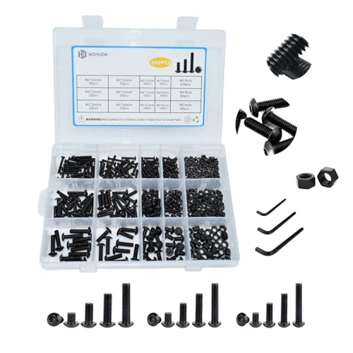 WZHUIDA 480 Stück M3 M4 M5 Schrauben und Muttern Sortiment Set, schwarz Gewindemaschinen Sechskantschrauben, Halbrundkopf Innensechskant Schraube Kit aus Kohlenstoffstahl, schwarz verzinkt von WZHUIDA