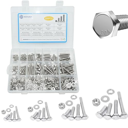 WZHUIDA 600 Stück M3 M4 M5 M6 Sechskantschrauben und Muttern Set, Edelstahl Sechskant Schrauben Muttern und Unterlegscheiben Sortiment Kit, Maschinenschrauben mit Vollgewinde von WZHUIDA