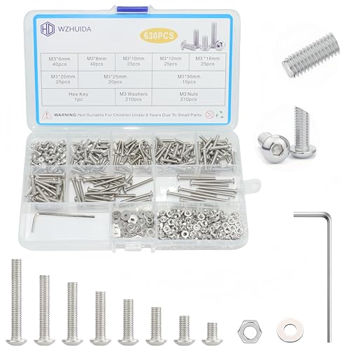 WZHUIDA 630 Stück M3 Schrauben Set, Edelstahl Linsenkopf Metrisch Innensechskant Muttern Und Unterlegscheiben Sortiment, Gewindemaschinen Sechskantschrauben von WZHUIDA