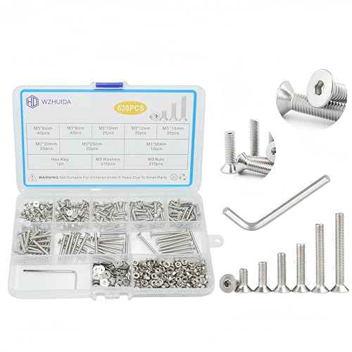 WZHUIDA 630 Stück M3 Schrauben Set, Edelstahl Senkkopfschrauben Metrisch Innensechskant Schrauben Muttern und Unterlegscheiben Sortiment Set, Gewindemaschinen Sechskantschrauben von WZHUIDA