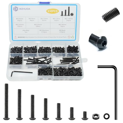 WZHUIDA 630 Stück M3 Schrauben Set, Schwarz Metrisch Linsenkopfschrauben Innensechskant Schrauben Muttern und Unterlegscheiben Sortiment Set, Gewindemaschinen Sechskantschrauben von WZHUIDA