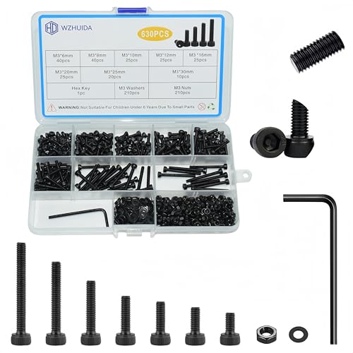 WZHUIDA 630 Stück M3 Schrauben Set, Schwarz Metrisch Zylinderkopfschrauben Innensechskant Schrauben Muttern und Unterlegscheiben Sortiment Set, Gewindemaschinen Sechskantschrauben von WZHUIDA
