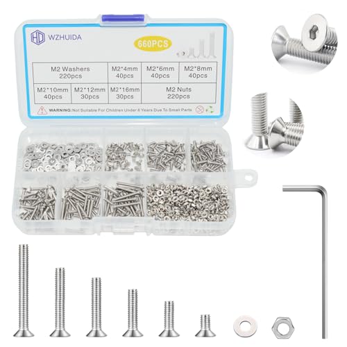 WZHUIDA 660 Stück M2 Schrauben Set, Edelstahl Senkkopfschrauben Metrisch Innensechskant Schrauben Muttern und Unterlegscheiben Sortiment Set, Gewindemaschinen Sechskantschrauben von WZHUIDA