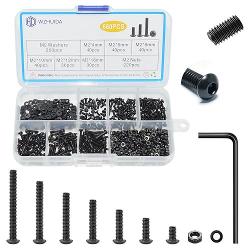 WZHUIDA 660 Stück M2 Schrauben Set, Schwarz Metrisch Linsenkopfschrauben Innensechskant Schrauben Muttern und Unterlegscheiben Sortiment Set, Gewindemaschinen Sechskantschrauben von WZHUIDA
