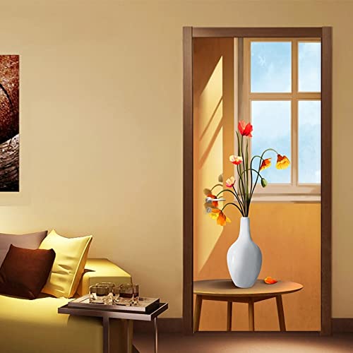 WZIKZH 3D Türtapete Selbstklebend Türposter Fenster Vase Muster Abnehmbares Diy Vinyl Wasserdichte Selbstklebende Tür Wandtattoos Für Schlafzimmer Büro Badezimmer 90X210Cm von WZIKZFH