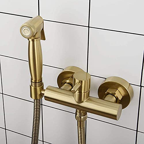 Bidet-Sprayer für Toilette, Messing-Warmwasser-Handbrause-Bidet, Wandmontage-Bidet-Wasserhahn, tragbares Bidet-WC-Set, Bidet-Dusche mit 1,5 m Schlauch,Brushed gold von WZKA