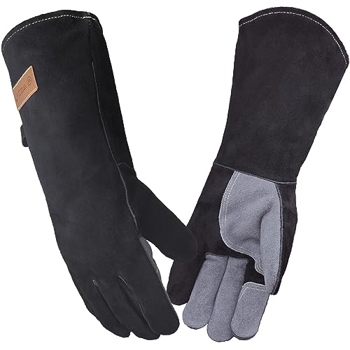 WZQH 40 cm, Leder Grillhandschuhe, Feuerfester Hitzebeständige Mitts für Schweißen, Feuerwehr, Kamin, Ofen, Backen, Herd, Topfhalter, Tierbehandlung. Grau-schwarzer Großer Feuerfest Handschuh von WZQH