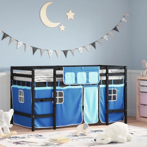 WZQWXHW Kinderhochbett mit Vorhängen Blau 90x190 cm Massivholz KieferBetten,BettrahmenGeeignet für Schlafzimmer und andere Ruhestätten von WZQWXHW
