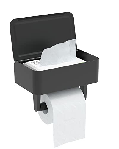 WZRUA Toilettenpapierhalter Schwarz Matt, Toilettenpapierhalter mit Feuchttücherbox, Edelstahl Anti-Fingerabdruck Klorollenhalter Wandmontage für Badezimmer von WZRUA