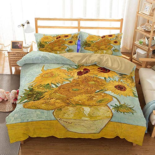 WZSZSA Bettwäsche Set 135x200cm 3D Druck Bettbezug Van Gogh Sonnenblume mit Reißverschluss Mikrofaser Bequeme Hypoallergener Bettbezüge 3 Teilig und 2 Kissenbezug von WZSZSA