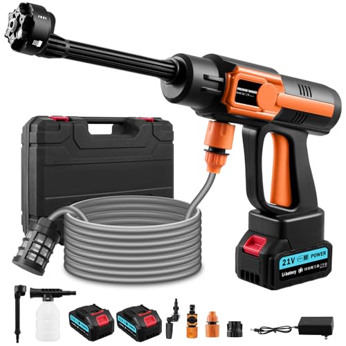 Akku Hochdruckreiniger 21V, 10 Gang Modus Mobile Akku Hochdruckreiniger Max 120Bar, Pressure Washer Mit 2 Akku, 6-in-1-Multifunktionale Düse, 5M Schlauch, für Autos, Terrasse | Reinigung Bewässerung von WZTO