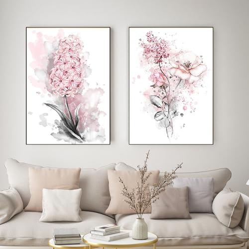 WZXGHE Blumen Bild Leinwand, Rosa Blume Poster Set,Moderne Nordic Blumen Bilder Auf Leinwand Für Wohnzimmer Schlafzimmer Deko Blumen Poster, Ungerahm (2x40x50cm) von WZXGHE