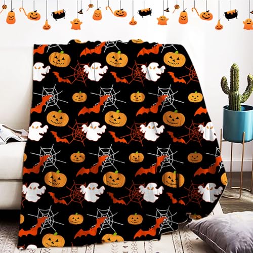 WZXGHE Halloween Deck 130x150,Weiche Flauschig kürbis,Geist,Fledermaus,Spinnennetz Motiv Flanell Kuscheldecke,Für Sofa (Halloween-D, 130x150cm) von WZXGHE