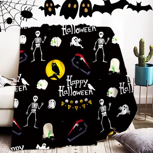 WZXGHE Halloween Decke 150x200,Totenkopf,Geist,Eule Motiv Flanell Kuscheldecke,Für Sofa (Halloween -A, 150x200cm) von WZXGHE