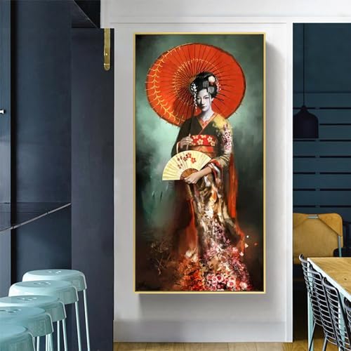 WZXGHE Japanische Frau Samurai Bilder,Rot Samurai Portrait Kunstdruck Poster,Großer Samurai Wand Dekorative Bilder,Modernes Wohnzimmer Schlafzimmer Poster Unframed (A,70x210cm) von WZXGHE