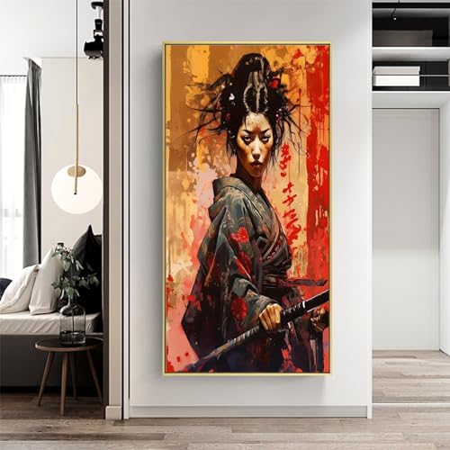 WZXGHE Japanische Frau Samurai Bilder,Rot Samurai Portrait Kunstdruck Poster,Großer Samurai Wand Dekorative Bilder,Modernes Wohnzimmer Schlafzimmer Poster Unframed (B,80x240cm) von WZXGHE