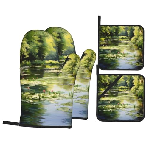 260.0 °C Hochtemperaturbeständige Backhandschuhe Topflappen Seerosen im Teich Handschuhe Topfdeckenhalter 4-teiliges Set BBQ Party Kochen Ofen 260.0 °C Hochtemperaturbeständige Backhandschuhe Topflappen Seerosen im Teich Handschuhe Topfdeckenhalter 4-teiliges Set BBQ Party Kochen Ofen von WZYCWB