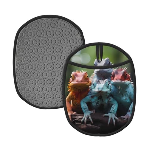 4 bunte Eidechsen, 2 Stück gemusterte Silikon-Topfmatte (1/2er-Pack), hochtemperaturbeständig und rutschfest, geeignet zum Grillen, Backen usw. von WZYCWB