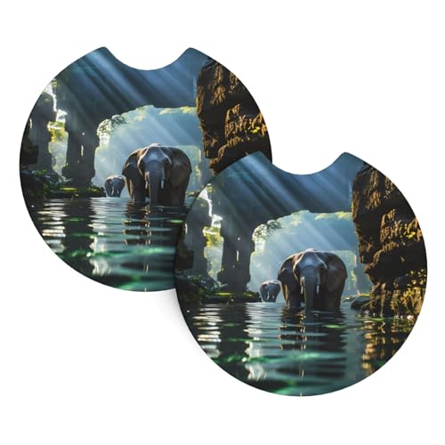 Asiatischer Elefant im Wasser, Auto-Innen-Untersetzer, 6,9 cm Durchmesser, saugfähige Untersetzer für Auto, Auto, LKW, SUV, 2 Stück von WZYCWB