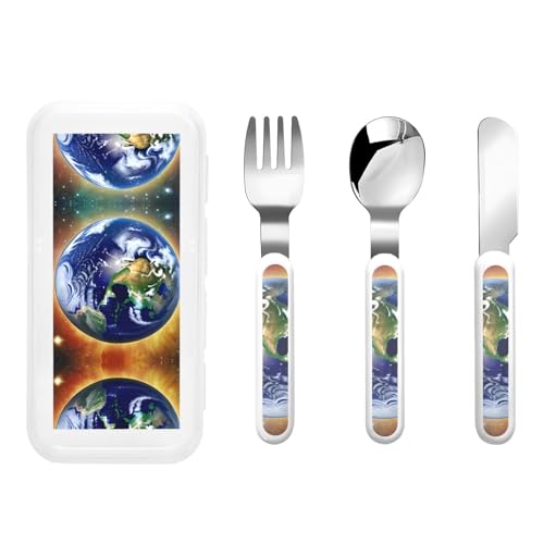 Cosmic Earth Tragbares Kindergeschirr 3-teiliges Set Wiederverwendbares Kindergeschirr Lebensmittelschutz Geschirr Messer, Gabel und Löffel Geschirr Set von WZYCWB