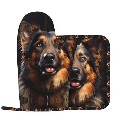 Deutscher Schäferhund Küchenhandschuhe und Wärmedämmungspad-Set, geeignet für Grillabdeckungen und Speiseteller, perfekt für Grillabende und Bankette. von WZYCWB