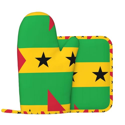 Flagge von Sao Tome und Principe Küchenhandschuhe und Wärmedämmungspad-Set, geeignet für Grillabdeckungen und Speiseteller, perfekt für Grillabende und Bankette. von WZYCWB