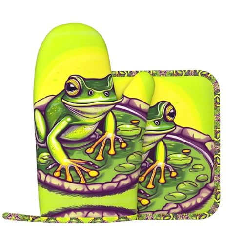 Frosch im Teich Küchenhandschuhe und Wärmedämmungspad-Set, geeignet für Grillabdeckungen und Speiseteller, perfekt für Grillabende und Bankette. von WZYCWB