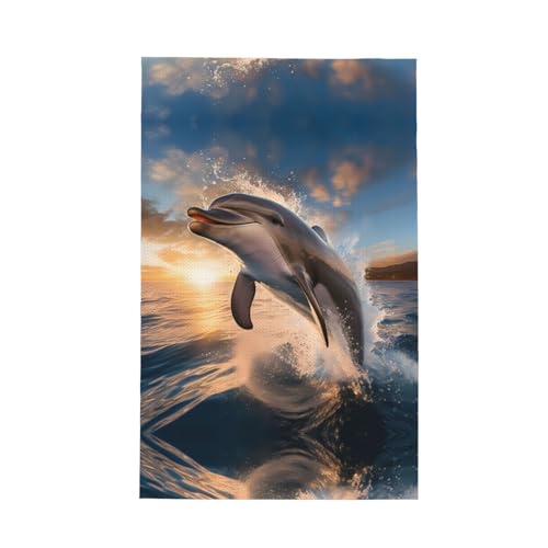 Geschirrtuch mit springendem Delfin, wiederverwendbar, superweich, saugfähig, schnell trocknend, Waffelreinigungstuch, 66 x 40 cm von WZYCWB