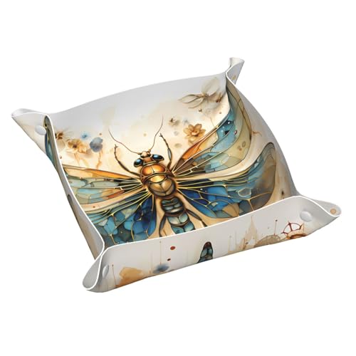 Goldene zarte Libelle auf gelbem Hintergrund, klein, bedrucktes Leder, Schreibtisch-Aufbewahrungsbox, multifunktional, personalisierbar von WZYCWB
