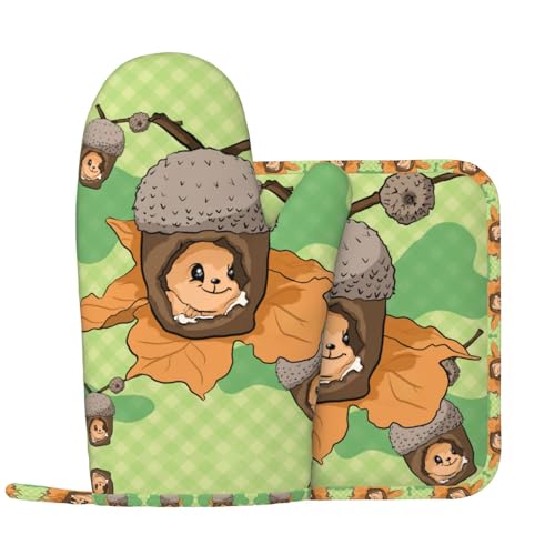 Grill-Schutzhandschuhe und Topflappen (2 Stück), Cartoon-Eichhörnchen-Universal-Topflappen-Handschuhe, Küchen-Grillabdeckungen, Dinner-Tabletts, Bankette, BBQ, von WZYCWB