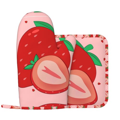 Grill-Schutzhandschuhe und Topflappen (2 Stück), Cartoon-Erdbeer-Universal-Topflappen-Handschuhe, Küchen-Grillabdeckungen, Dinner-Tabletts, Bankette, BBQ, von WZYCWB