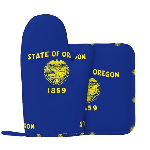 Oregon State Flag Küchenhandschuhe und Wärmedämmungspad-Set, geeignet für Grillabdeckungen und Speiseteller, perfekt für Grillabende und Bankette von WZYCWB